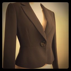 Brown Pinstriped Tahari Peplum Jacket Petite