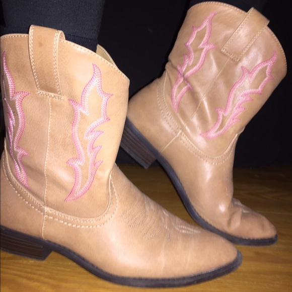 Tan Cowboy Boots with Pink Threading