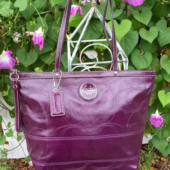 Coach plum signature stitched patent leather tote