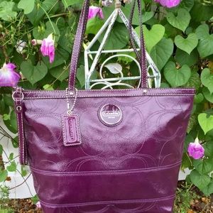 Coach plum signature stitched patent leather tote