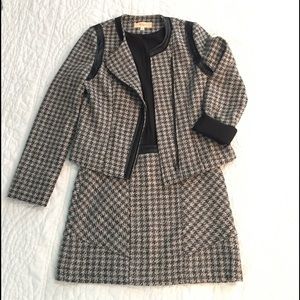 Houndstooth moto jacket and mini skirt