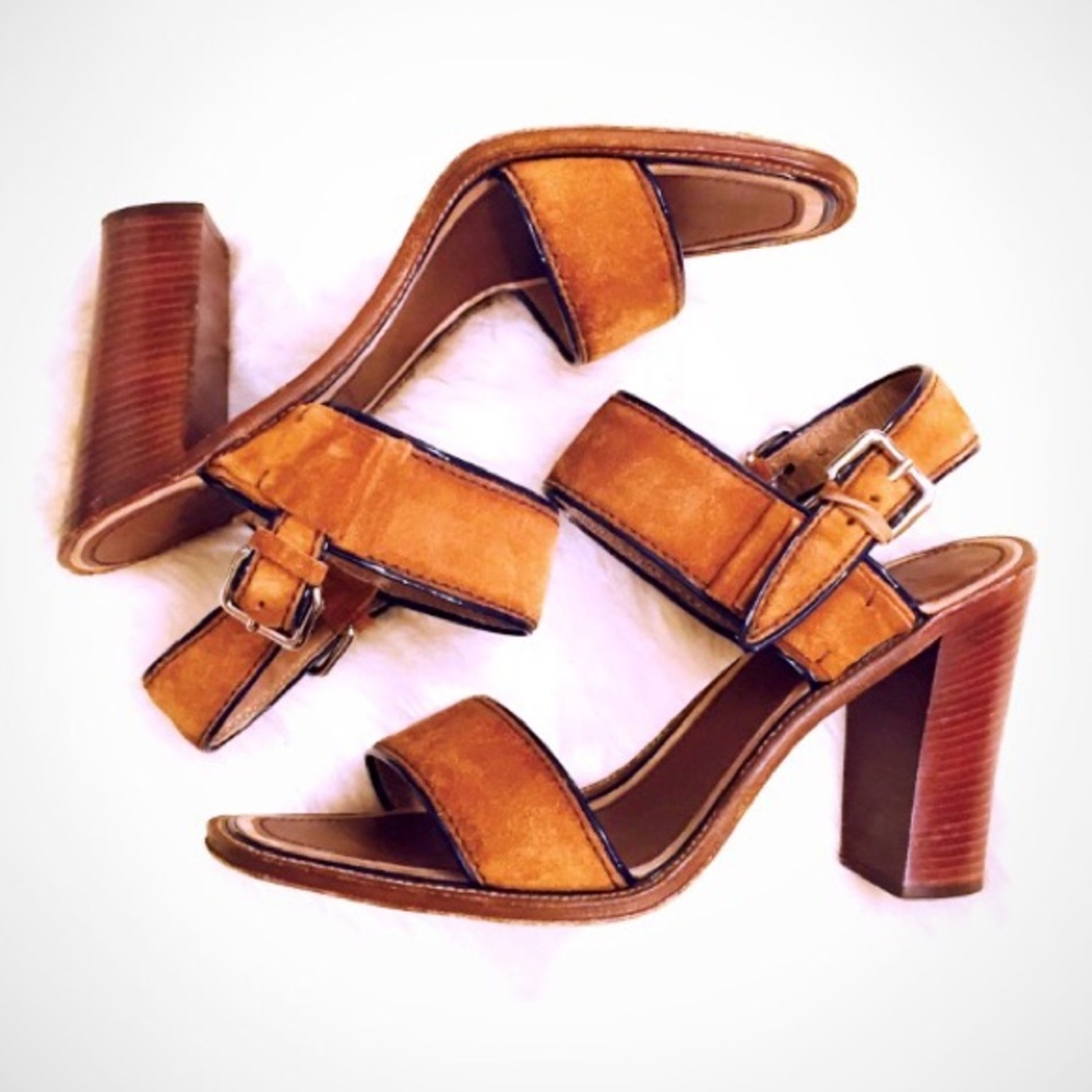 Prada Leather & Suede Stacked Heel Sandals