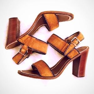 Prada Leather & Suede Stacked Heel Sandals