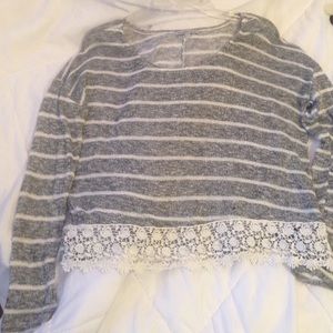 Gray and white striped crop top sweater with lace