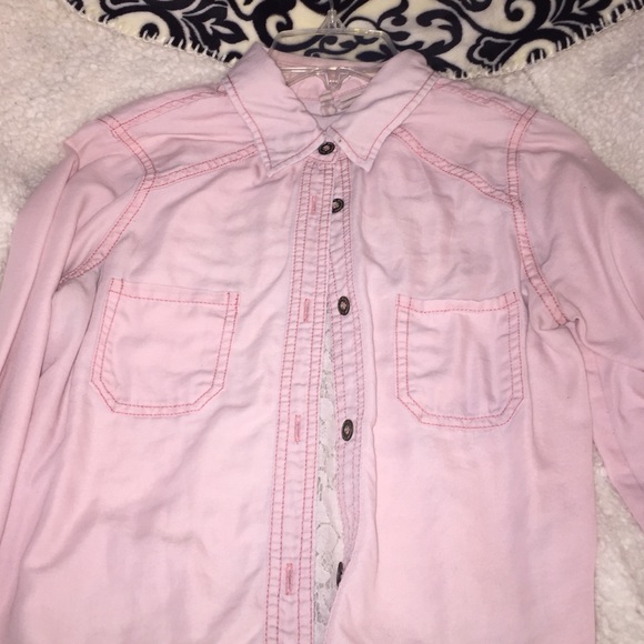 Red camel button down shirt with lace
