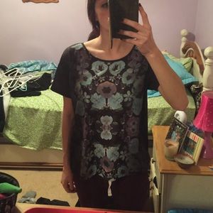 t shirt with blue and purple flowers