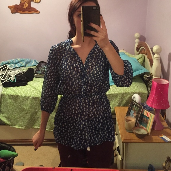 blue dress up shirt with white bird design