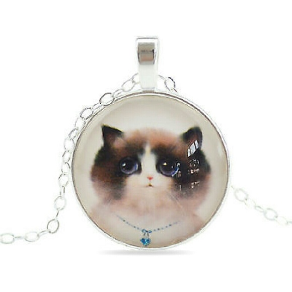 Brown & white kitten glass pendant silver necklace