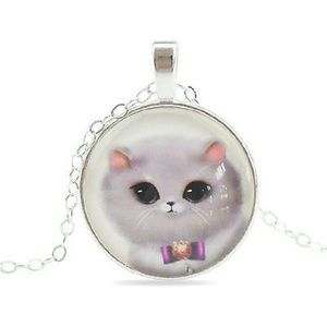 White & gray kitten glass pendant silver necklace