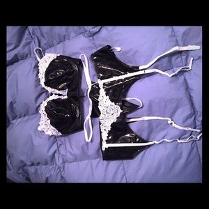 3 piece "wet-look" lingerie set &white lace trim.