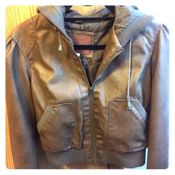Hooded Faux Leather Zip Up Brown Bomber Jacket