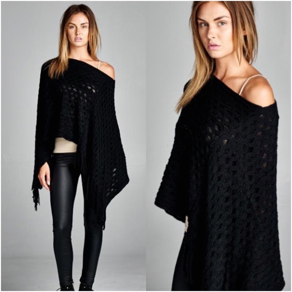 Sweaters - ❗️LAST ONES❗️ Black Knit Poncho Fringe Poncho Top
