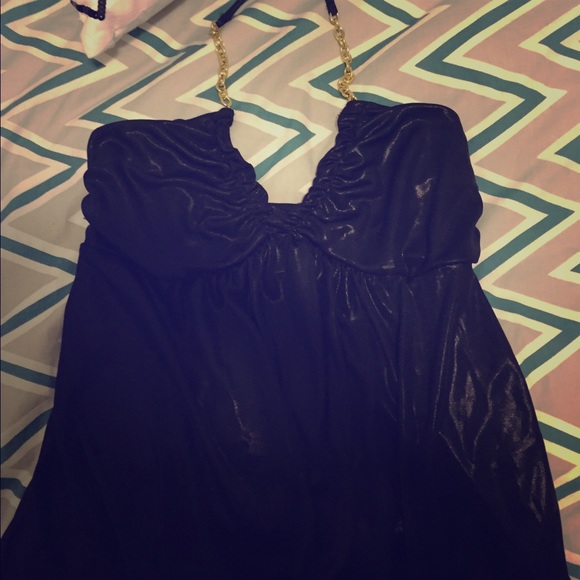 Express black shimmer halter with gold detail