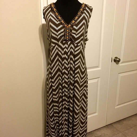 SOLD!!Chico's brown/cream Maxi Dress with beading - Picture 2 of 4