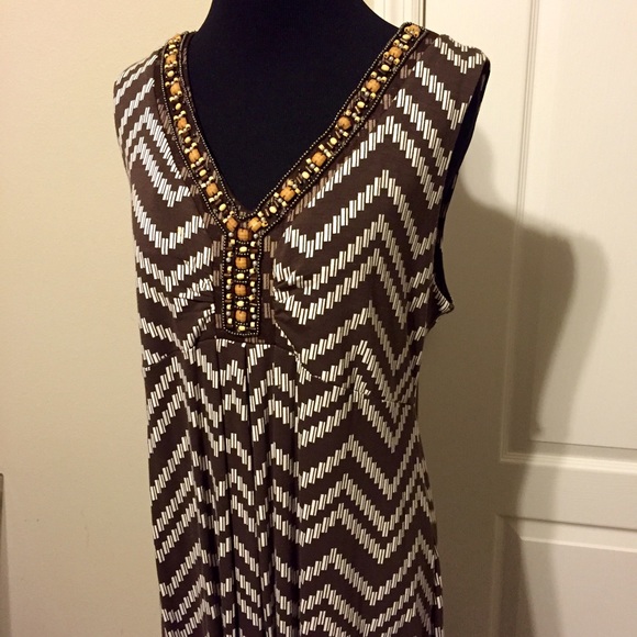 SOLD!!Chico's brown/cream Maxi Dress with beading - Picture 3 of 4