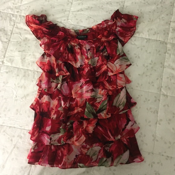 White House Black Market L red floral ruffled top