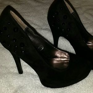 Spiked heel black suede pumps