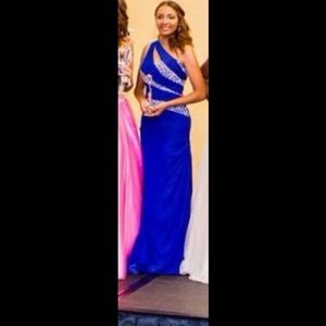 Cobalt blue one shoulder gown with train