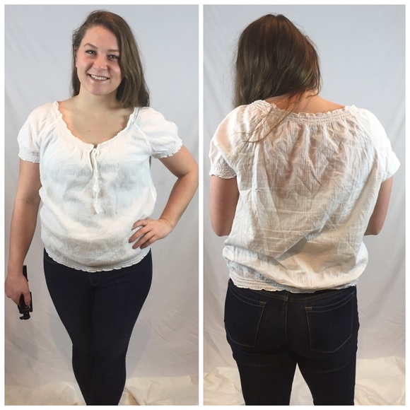 White Short Sleeve Crinkle Peasant Top