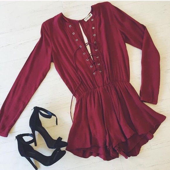 Pants - Wine Lace Up Long Sleeve Ruffle Romper