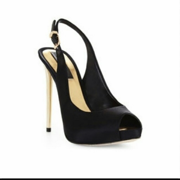 **SOLD***BCBG Black with Gold Heel Peep toe Satin