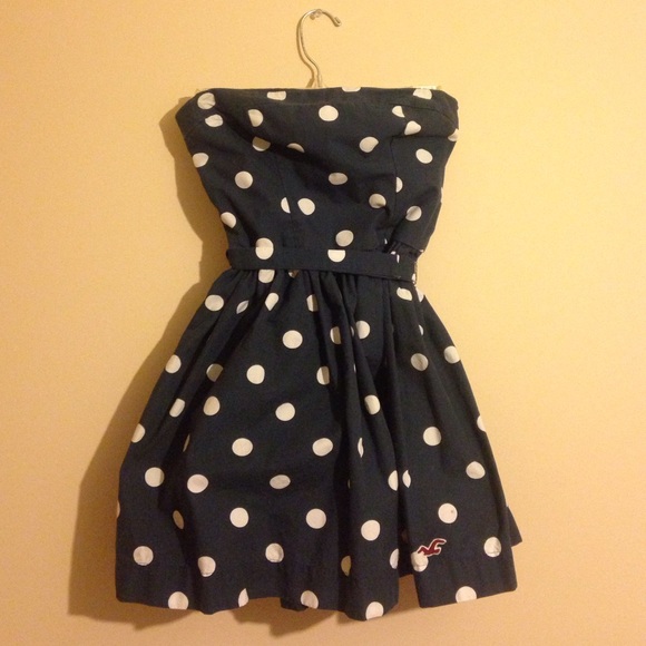 Dark blue strapless polka dotted Hollister dress.
