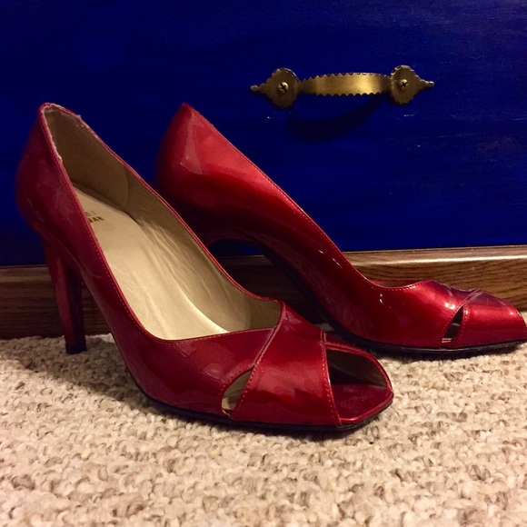 Stuart Weizman Ruby Red Peep Toe Heels