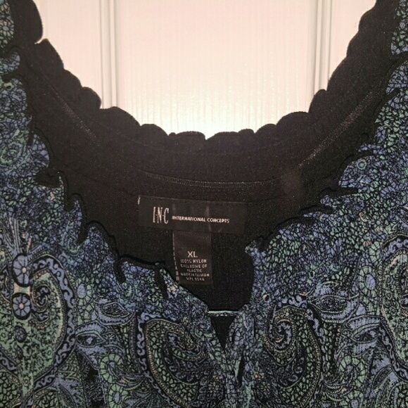 Inc. Blouse, teal and black paisley print.