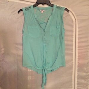 Blue/Green sleeveless see-through top