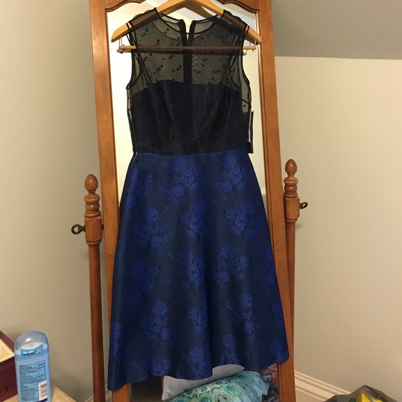 Blue Floral Cocktail dress with illusion neckline