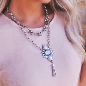 Silver layered stone necklace with earrings