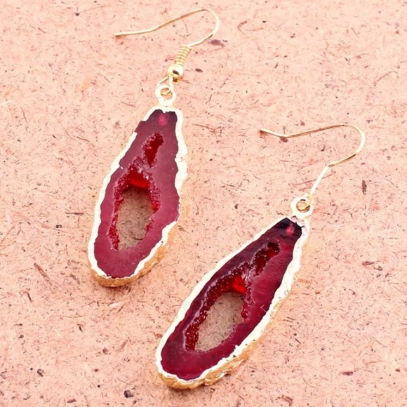 New!! Red Bohemian Gold Leaf Earrings - Picture 2 of 4