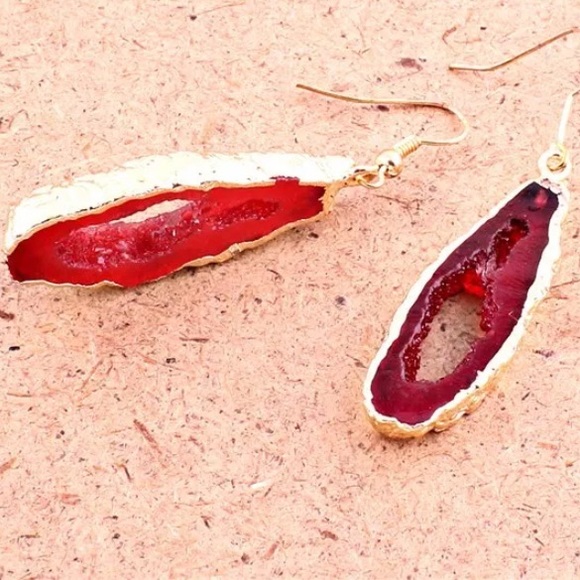 New!! Red Bohemian Gold Leaf Earrings - Picture 3 of 4