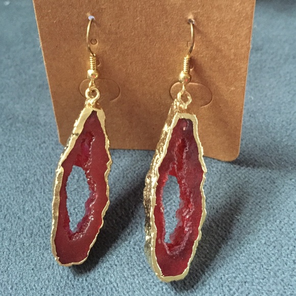 New!! Red Bohemian Gold Leaf Earrings - Picture 4 of 4