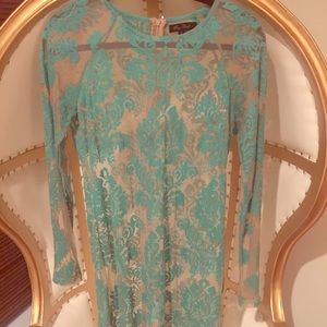 Sheer Shell Dress With Turquoise Lace Overlay