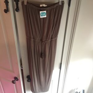 Taupe Strapless Stretch Dress W/ Tassel Waist Tie