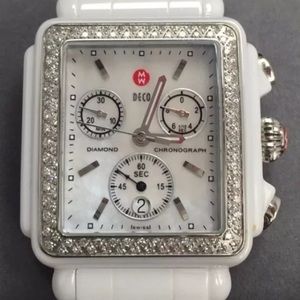 White Michele Deco Ceramic Diamond Bezel Watch