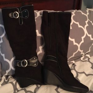 Wide calf black wedge boot