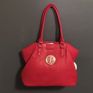 Red synthetic leather purse.