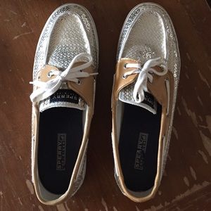 Beige and Silver Sperry Top-Sider