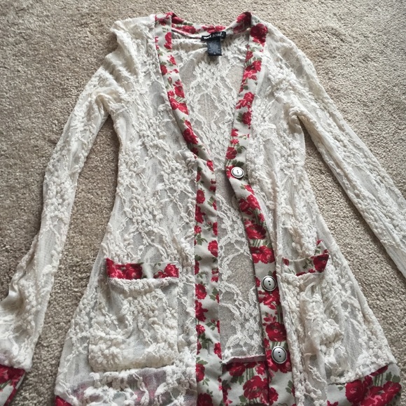 Ivory Cardigan with Floral Trim
