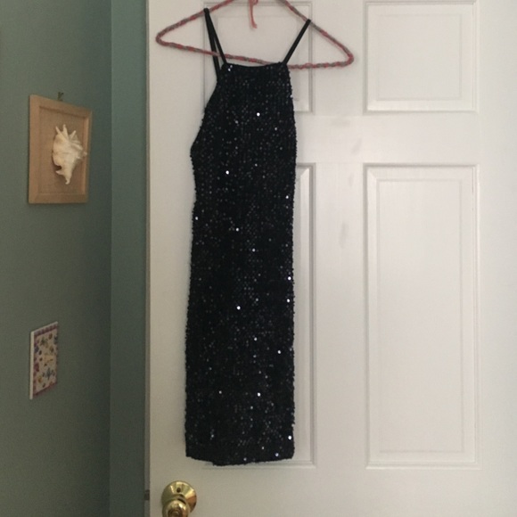 Express black sequin criss-cross back dress