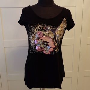 H&M sequin bird black shirt