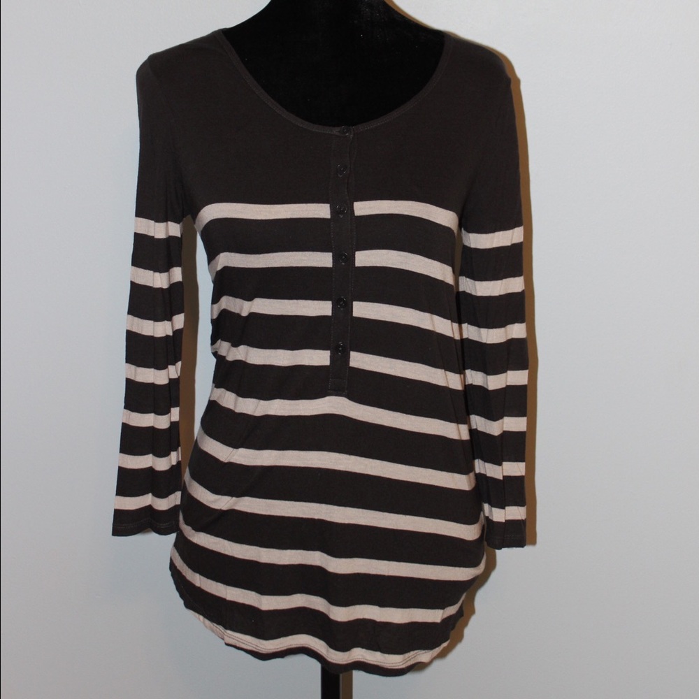 J. Crew black "placed henley" striped top