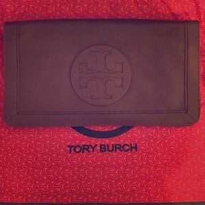 Brown Tory Burch Reva Leather Clutch