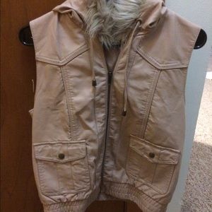Muted Pink Leather like Vest with fur hood