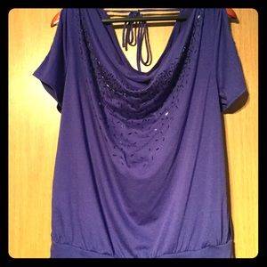 Purple Beaded top / slit sleeves and tie back