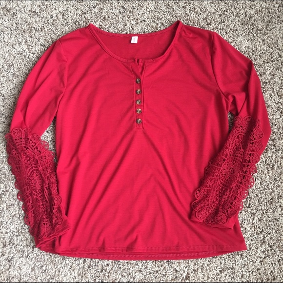 Red Long Sleeve Top with Lace Detail