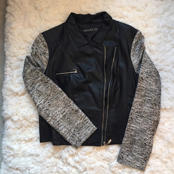 Faux leather jacket with metallic woven sleeves