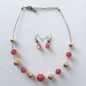 Y2K Pink Gold Floating Bead Necklace Earring Set Barbie Wedding Prom Homecoming